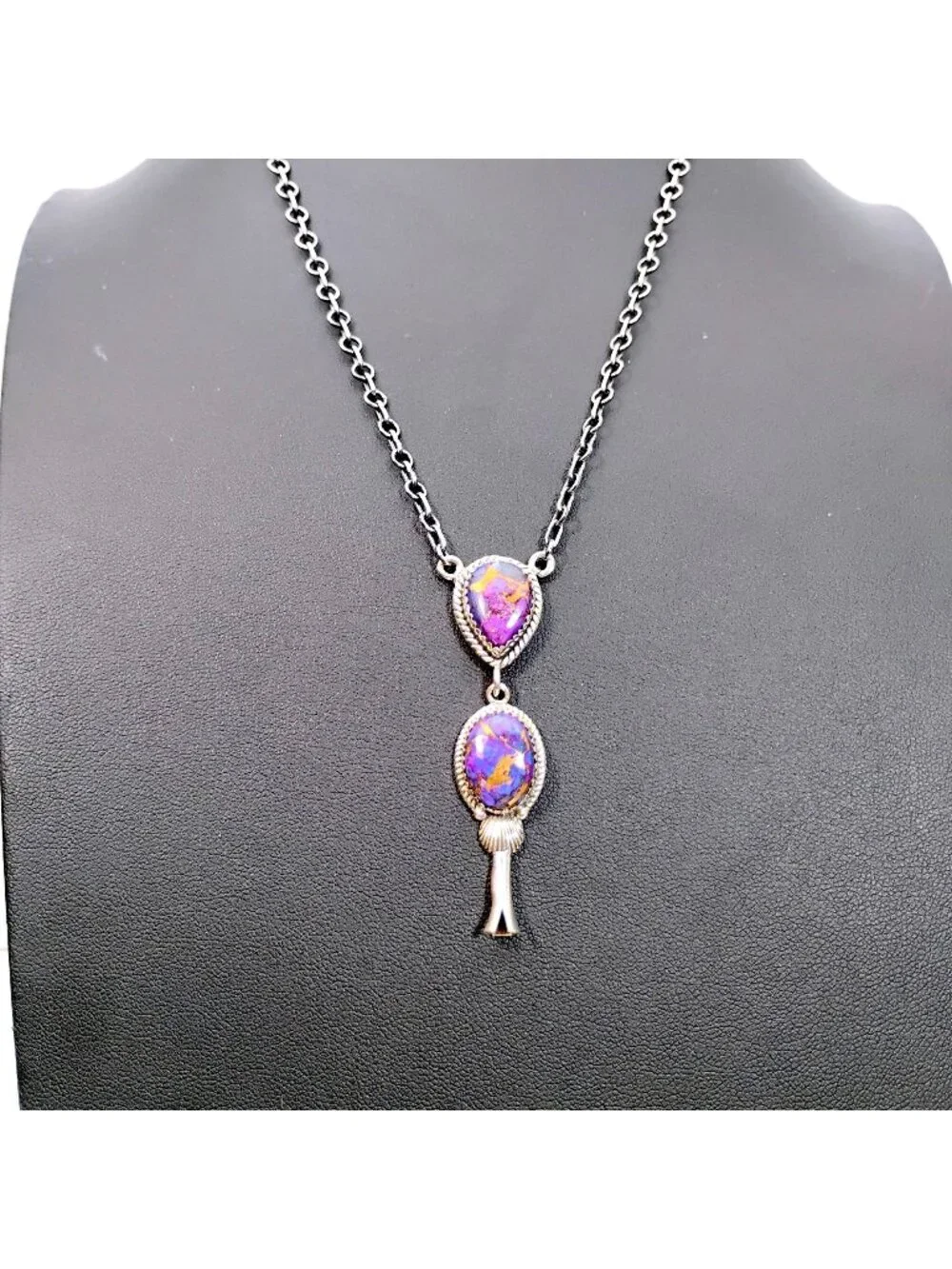 Southwest Violet Purple Dahlia Turquoise Sterling Silver Squash Blossom Necklace